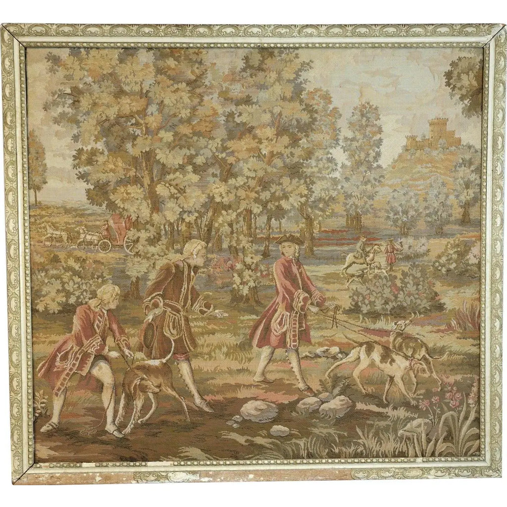 Large Vintage Framed French Hunting Scene Tapestry – Aubusson-Style Verdure Jacquard
