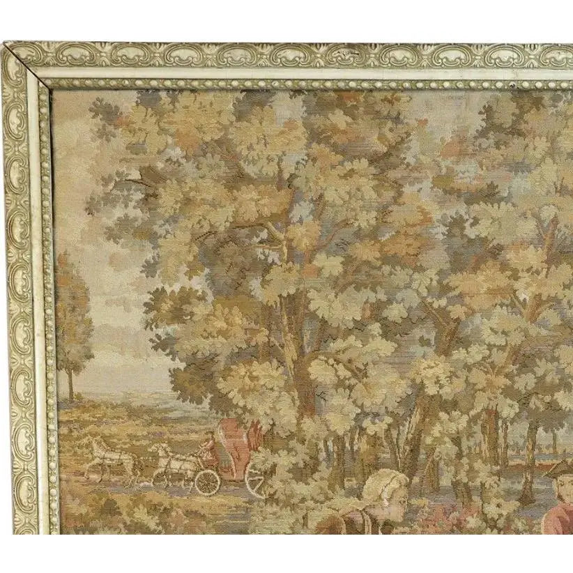 Large Vintage Framed French Hunting Scene Tapestry – Aubusson-Style Verdure Jacquard