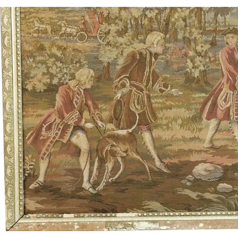 Large Vintage Framed French Hunting Scene Tapestry – Aubusson-Style Verdure Jacquard