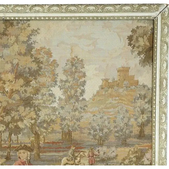 Large Vintage Framed French Hunting Scene Tapestry – Aubusson-Style Verdure Jacquard