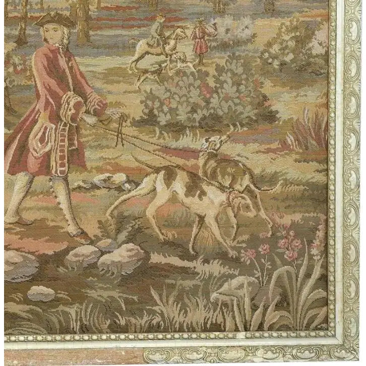 Large Vintage Framed French Hunting Scene Tapestry – Aubusson-Style Verdure Jacquard
