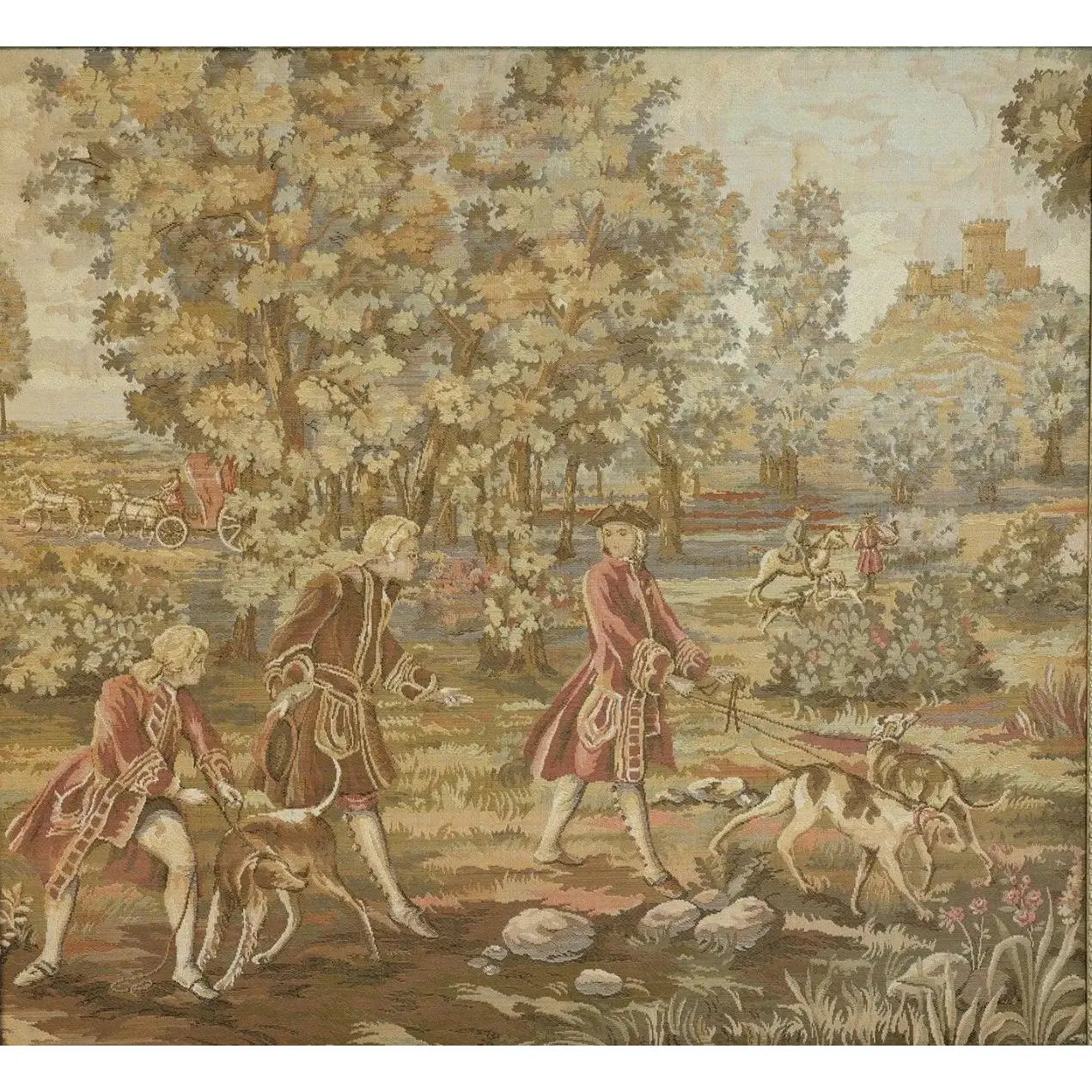 Large Vintage Framed French Hunting Scene Tapestry – Aubusson-Style Verdure Jacquard