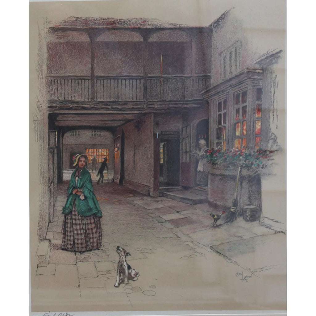 Antique Pencil-Signed Cecil Aldin Lithograph "The Red Lion, Banbury" c. 1923