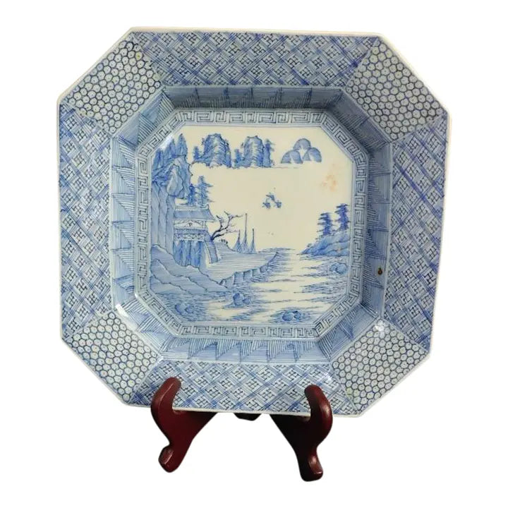 Antique 19th Century Japanese Meiji Period Arita 12” Octagonal Blue and White Landscape Charger