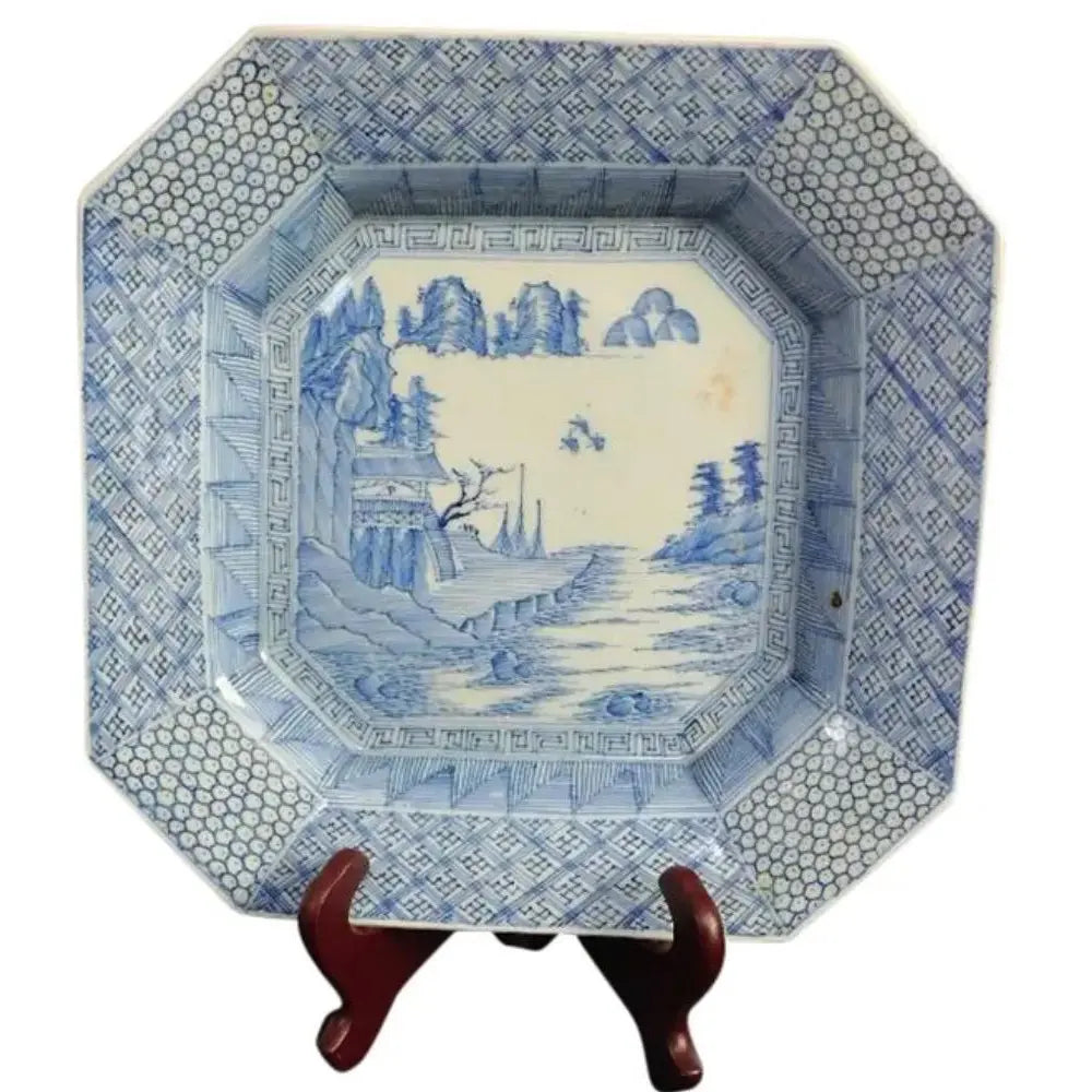 Antique 19th Century Japanese Meiji Period Arita 12” Octagonal Blue and White Landscape Charger