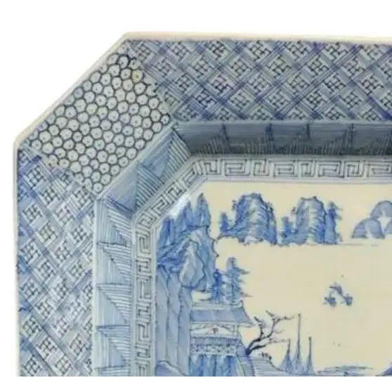 Antique 19th Century Japanese Meiji Period Arita 12” Octagonal Blue and White Landscape Charger
