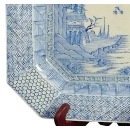 Antique 19th Century Japanese Meiji Period Arita 12” Octagonal Blue and White Landscape Charger