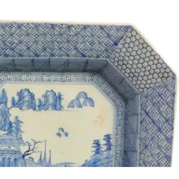 Antique 19th Century Japanese Meiji Period Arita 12” Octagonal Blue and White Landscape Charger