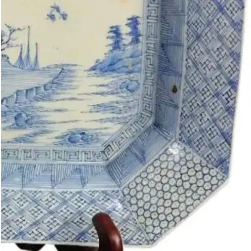 Antique 19th Century Japanese Meiji Period Arita 12” Octagonal Blue and White Landscape Charger