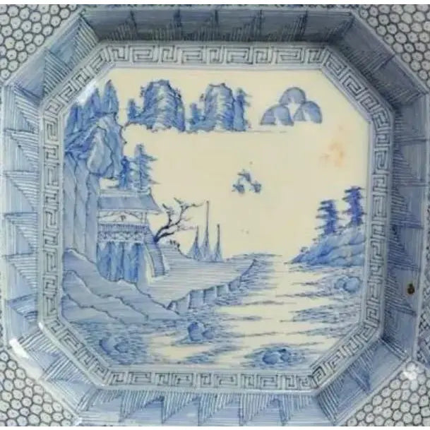 Antique 19th Century Japanese Meiji Period Arita 12” Octagonal Blue and White Landscape Charger