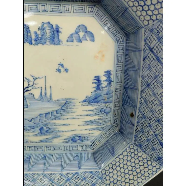 Antique 19th Century Japanese Meiji Period Arita 12” Octagonal Blue and White Landscape Charger