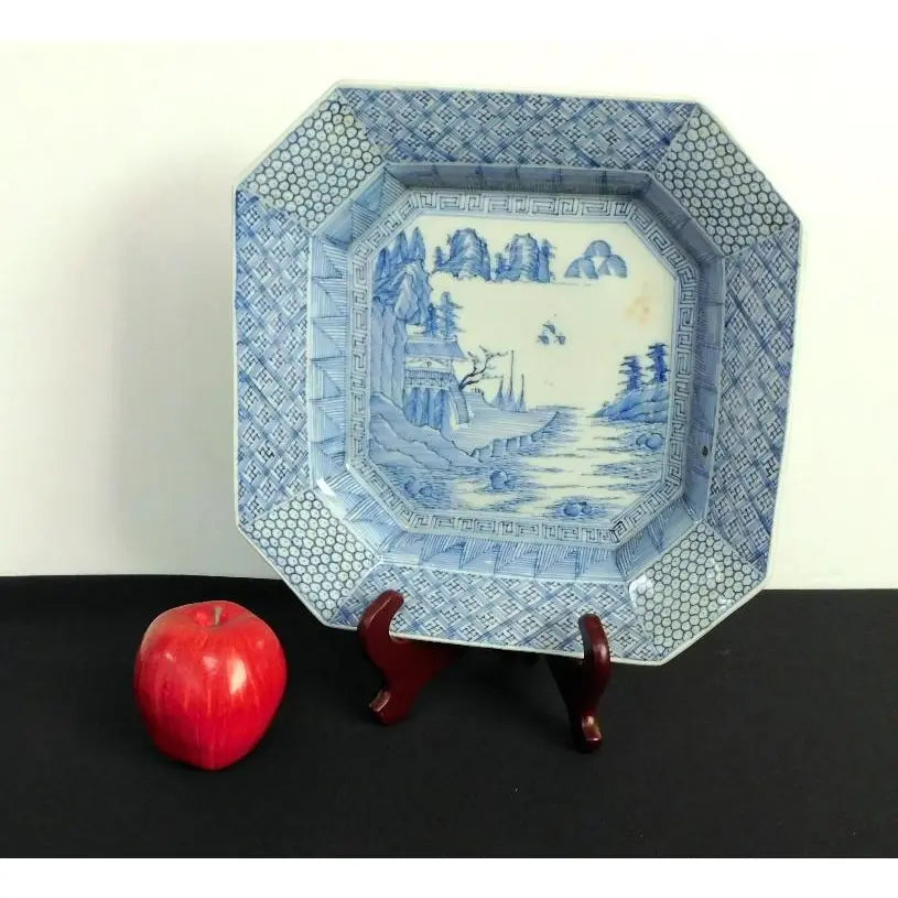 Antique 19th Century Japanese Meiji Period Arita 12” Octagonal Blue and White Landscape Charger