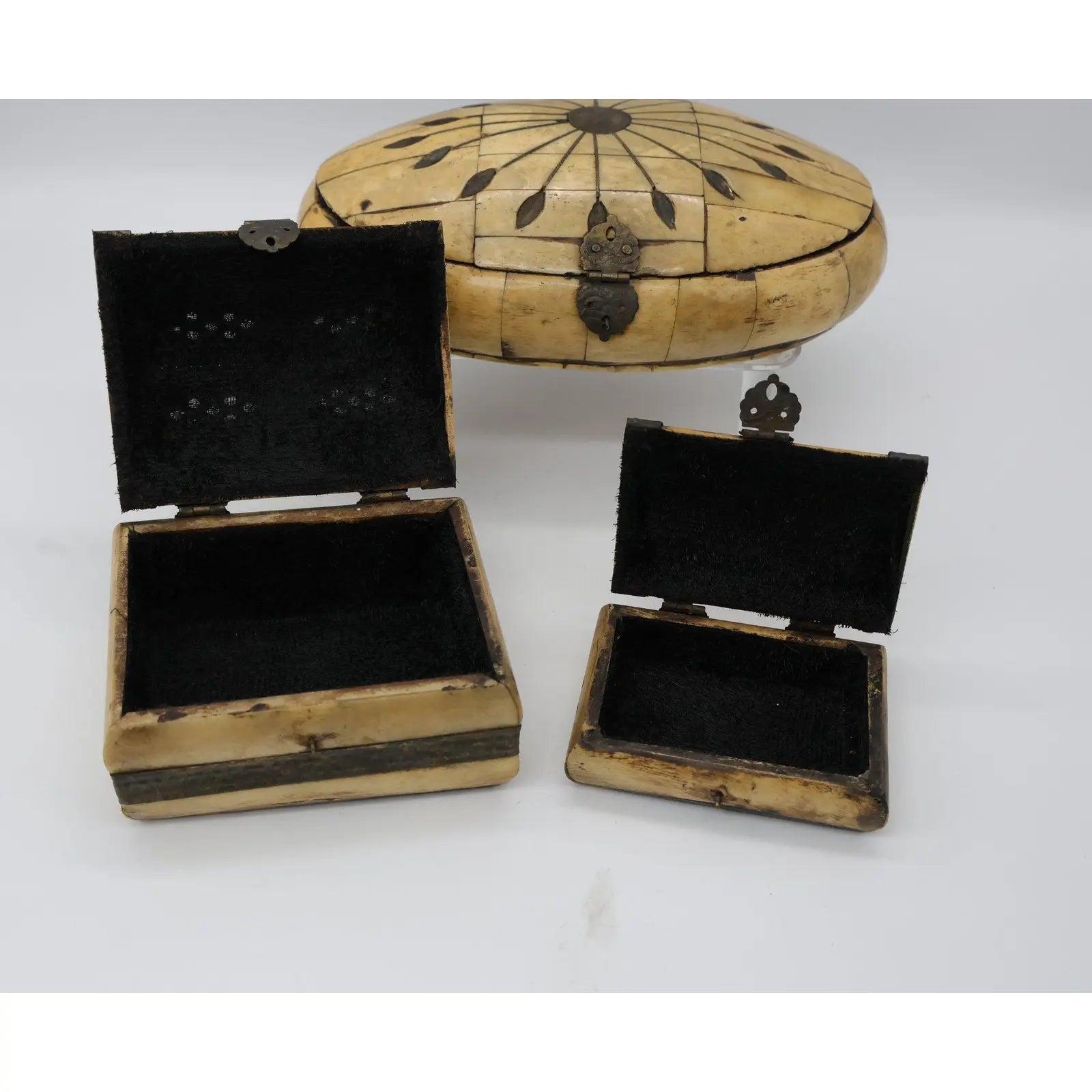 Curated Set of 3 Vintage Handcrafted Camel Bone & Brass Trinket Boxes