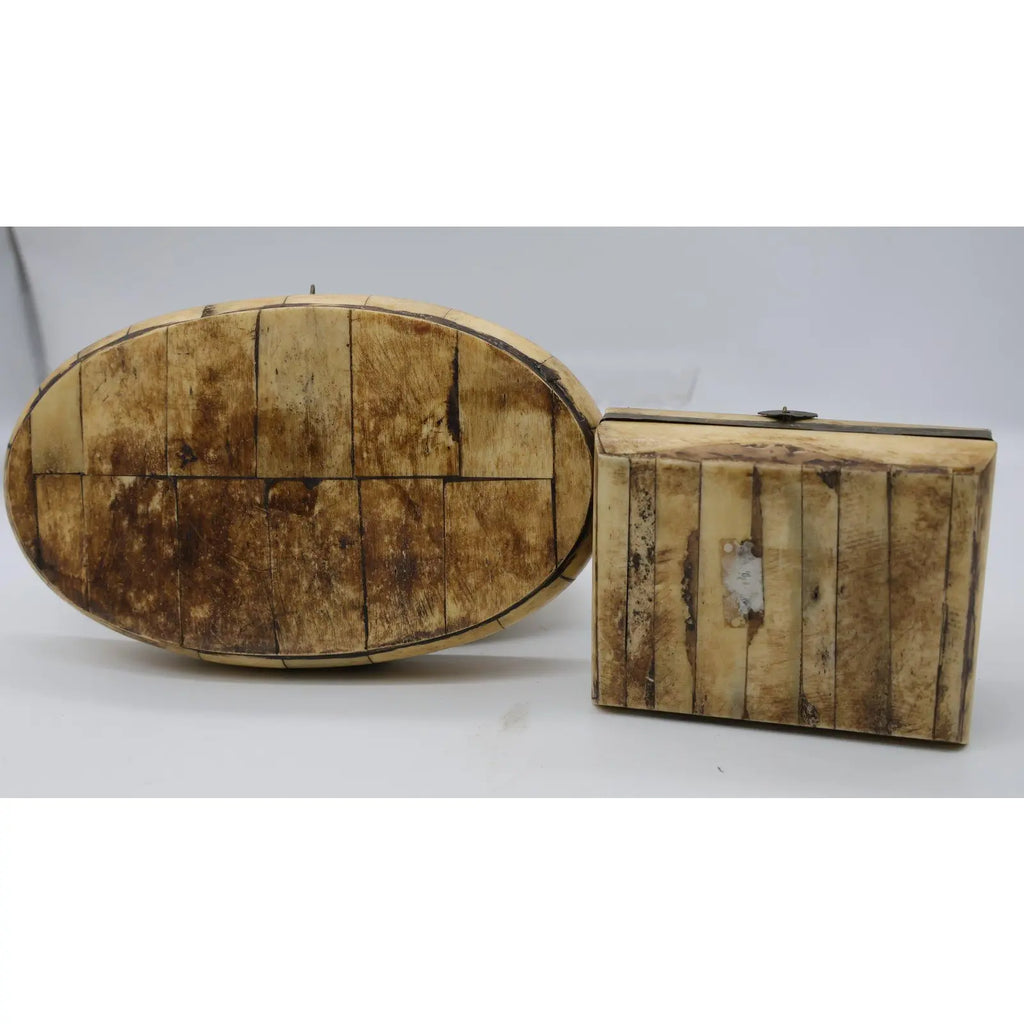 Curated Set of 3 Vintage Handcrafted Camel Bone & Brass Trinket Boxes