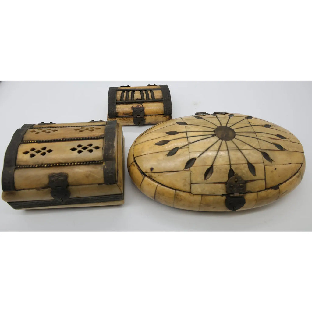 Curated Set of 3 Vintage Handcrafted Camel Bone & Brass Trinket Boxes