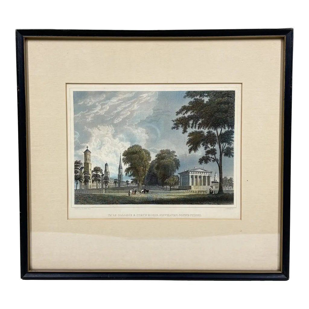 Antique Hand-Colored Steel Engraving: "Yale College & State House, New Haven, Connecticut" (c. 1831)