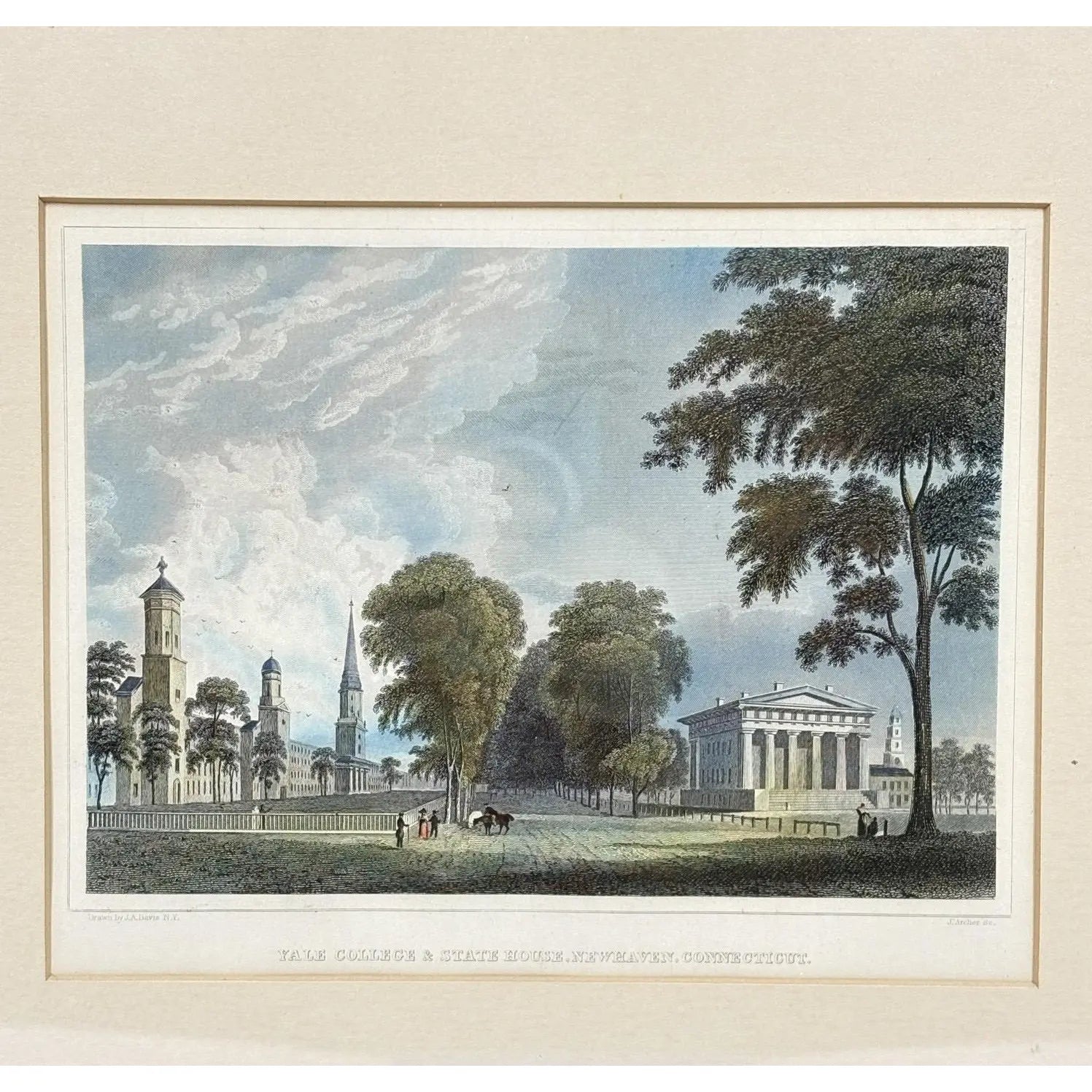 Antique Hand-Colored Steel Engraving: "Yale College & State House, New Haven, Connecticut" (c. 1831)