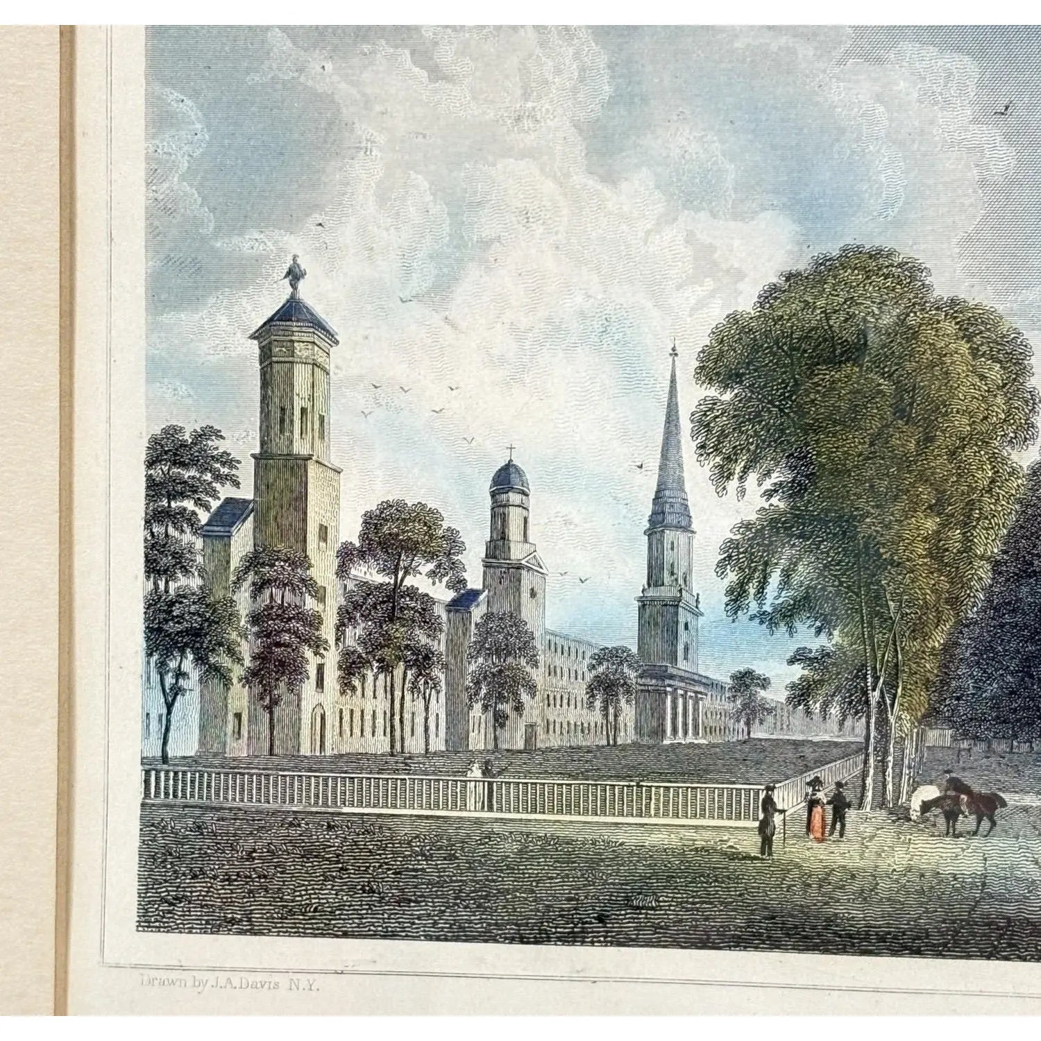 Antique Hand-Colored Steel Engraving: "Yale College & State House, New Haven, Connecticut" (c. 1831)