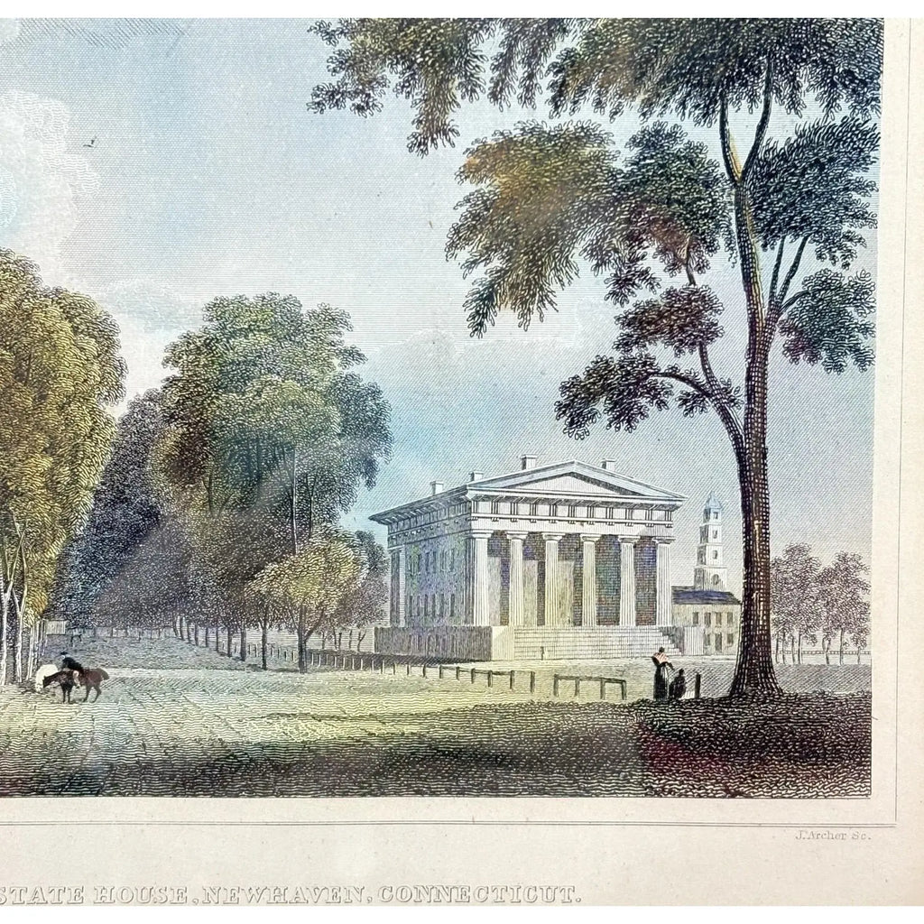 Antique Hand-Colored Steel Engraving: "Yale College & State House, New Haven, Connecticut" (c. 1831)
