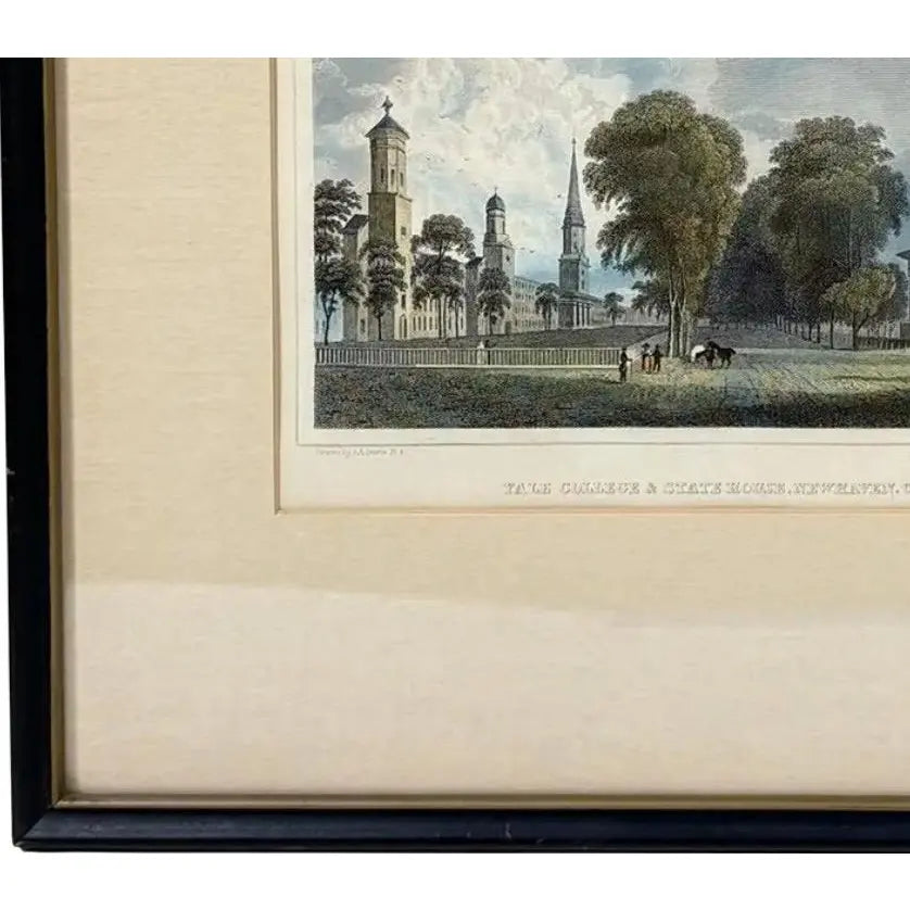 Antique Hand-Colored Steel Engraving: "Yale College & State House, New Haven, Connecticut" (c. 1831)