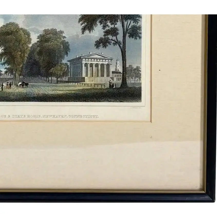 Antique Hand-Colored Steel Engraving: "Yale College & State House, New Haven, Connecticut" (c. 1831)