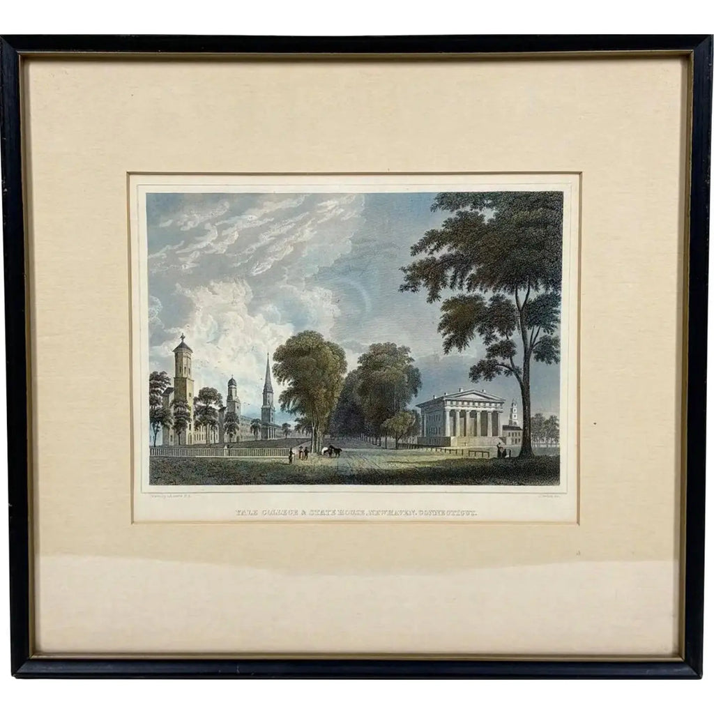 Antique Hand-Colored Steel Engraving: "Yale College & State House, New Haven, Connecticut" (c. 1831)