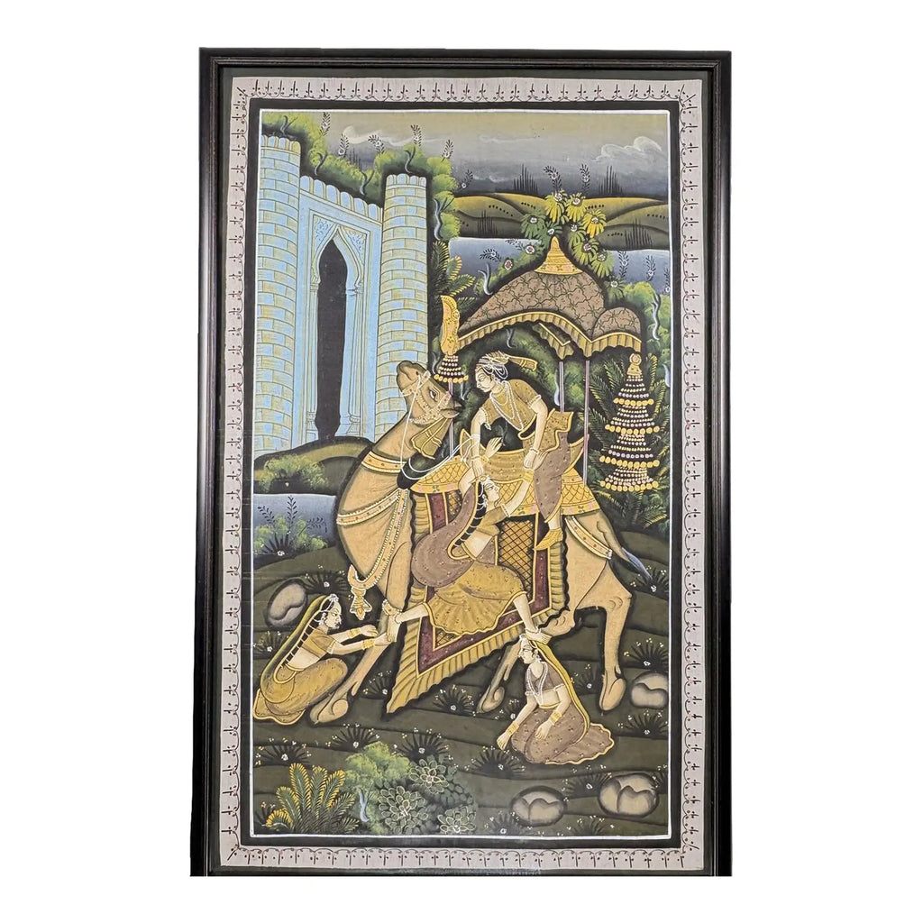 Vintage Indian Miniature-Style Painting on Woven Cloth – "The Runaway Lovers" Motif