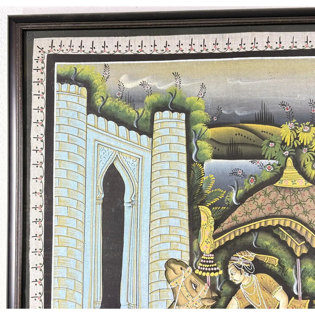 Vintage Indian Miniature-Style Painting on Woven Cloth – "The Runaway Lovers" Motif