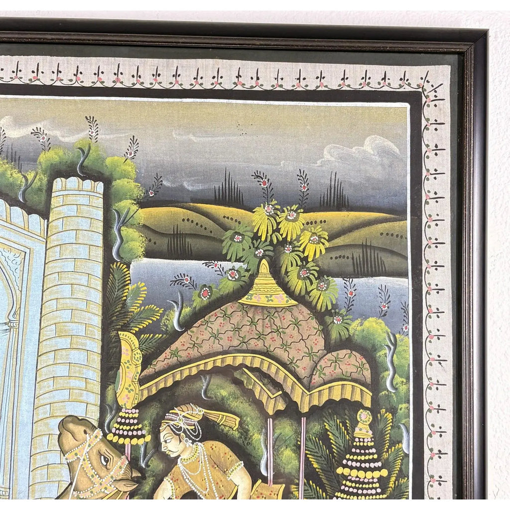 Vintage Indian Miniature-Style Painting on Woven Cloth – "The Runaway Lovers" Motif