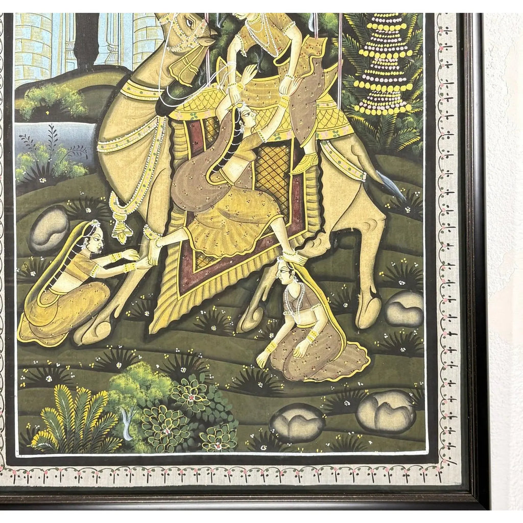 Vintage Indian Miniature-Style Painting on Woven Cloth – "The Runaway Lovers" Motif