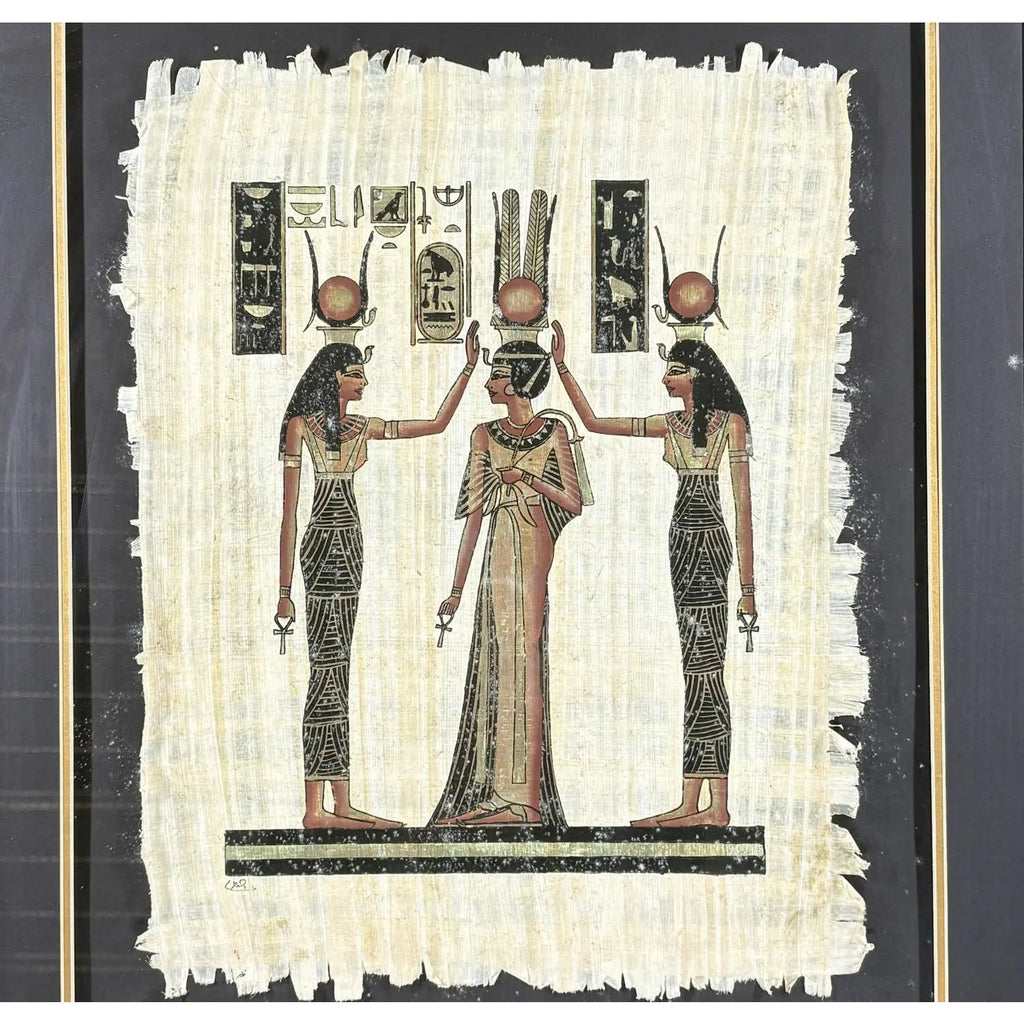 Exquisite Hand-Painted Papyrus by S. Gharib: The Coronation of Queen Nefertari
