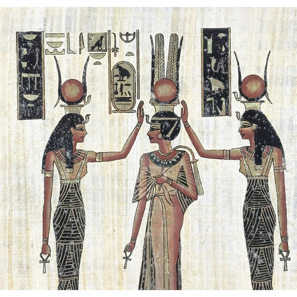 Exquisite Hand-Painted Papyrus by S. Gharib: The Coronation of Queen Nefertari
