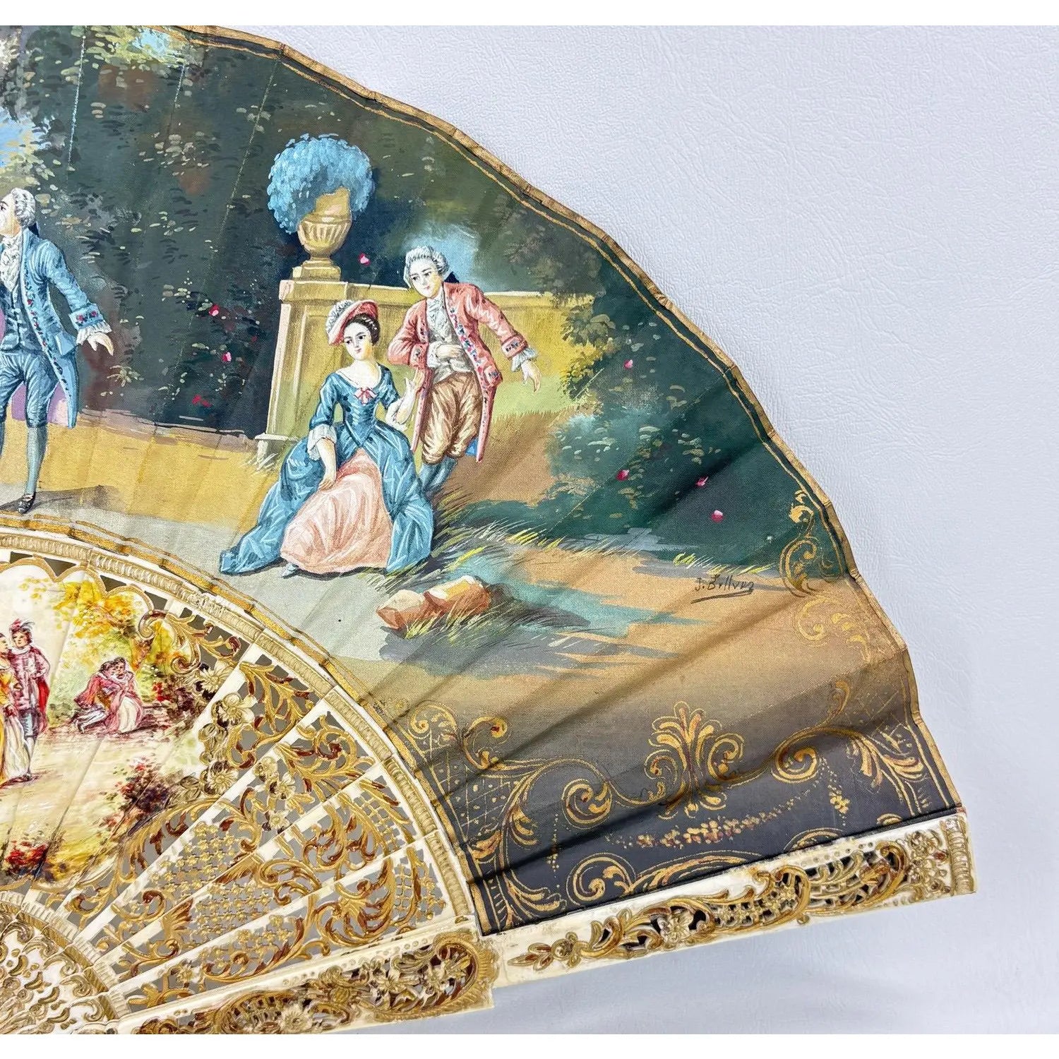 Late 19th Century Signed J Billvas Hand Painted Silk Fan in Original Simon Loscertales Bona Roma Box