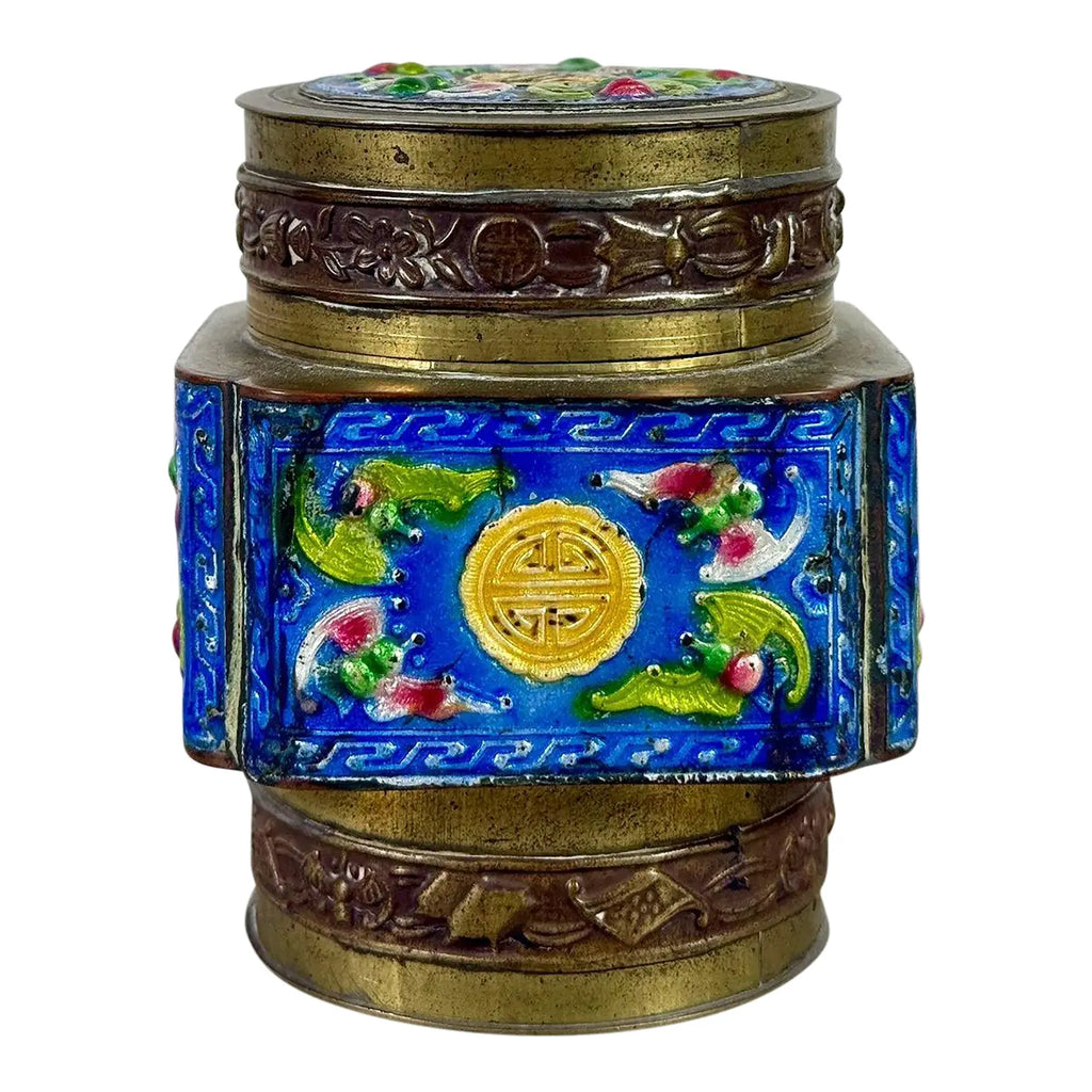 Vintage Chinese Brass & Enamel Cloisonné Longevity Box