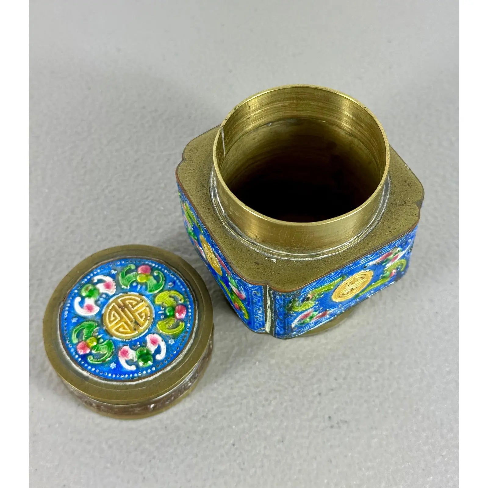 Vintage Chinese Brass & Enamel Cloisonné Longevity Box
