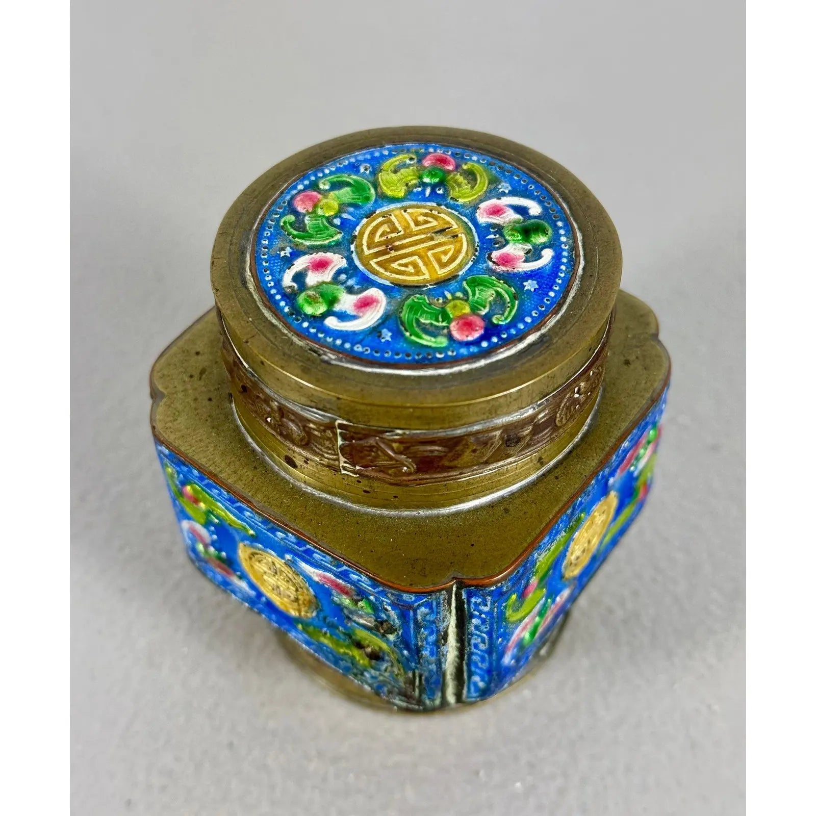 Vintage Chinese Brass & Enamel Cloisonné Longevity Box
