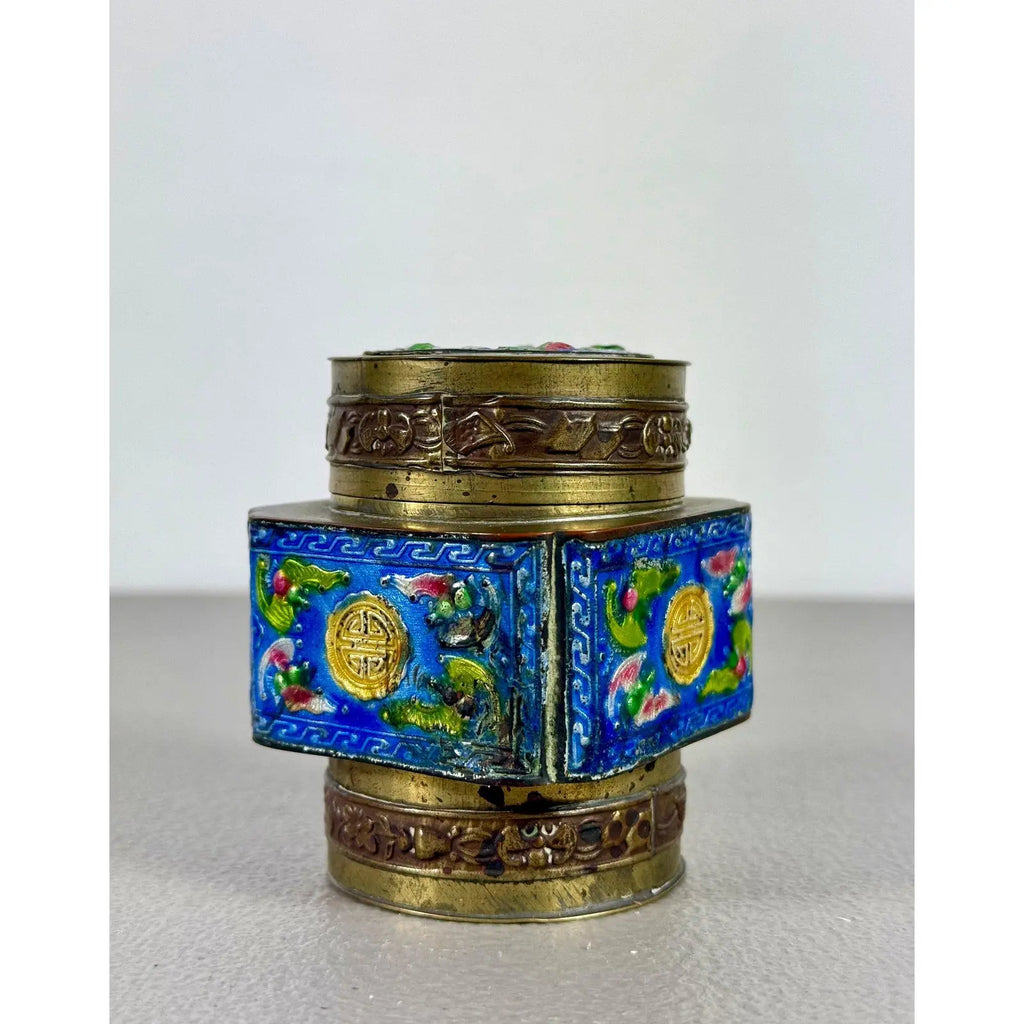 Vintage Chinese Brass & Enamel Cloisonné Longevity Box