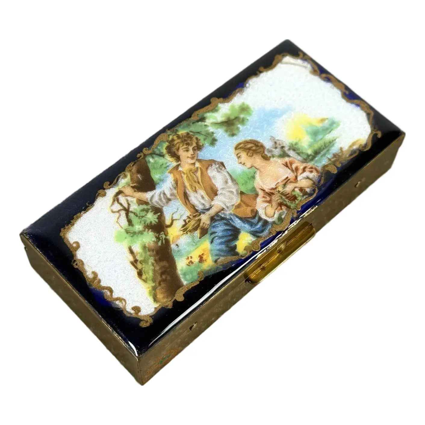 Antique 19th Century French Hand-Painted Enamel Courting Scene Keepsake Box