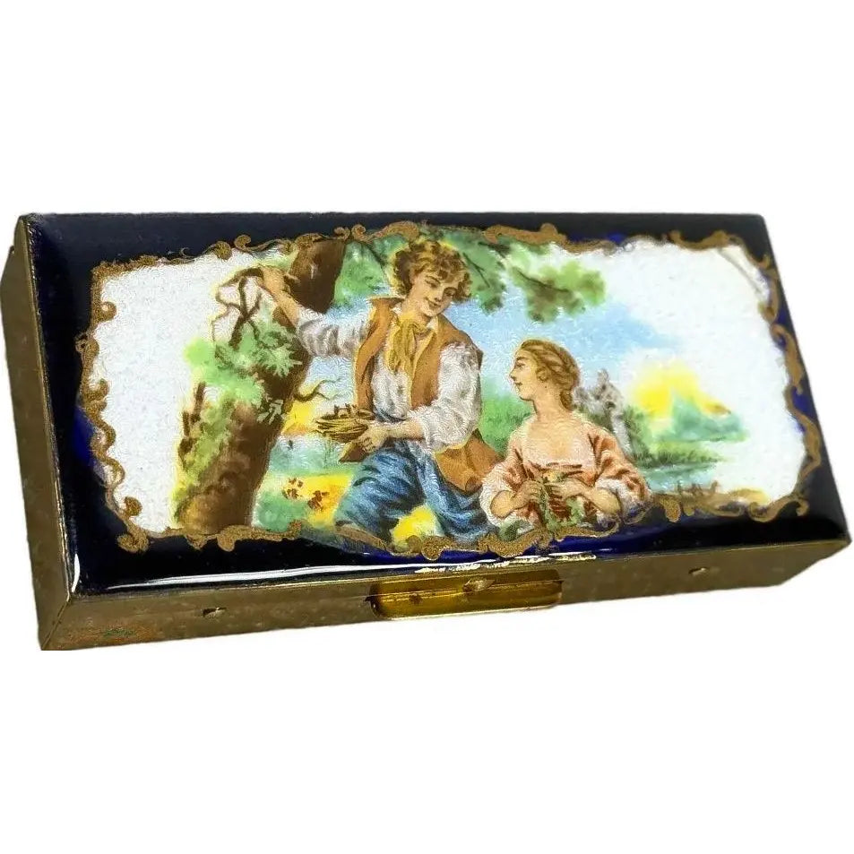 Antique 19th Century French Hand-Painted Enamel Courting Scene Keepsake Box