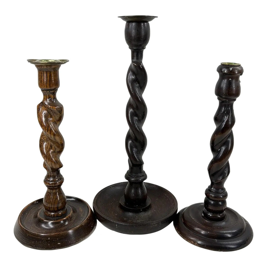 Set of 3 Vintage English-Style Barley Twist Wood Candlesticks