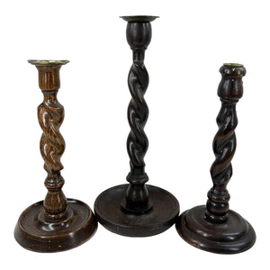 Set of 3 Vintage English-Style Barley Twist Wood Candlesticks