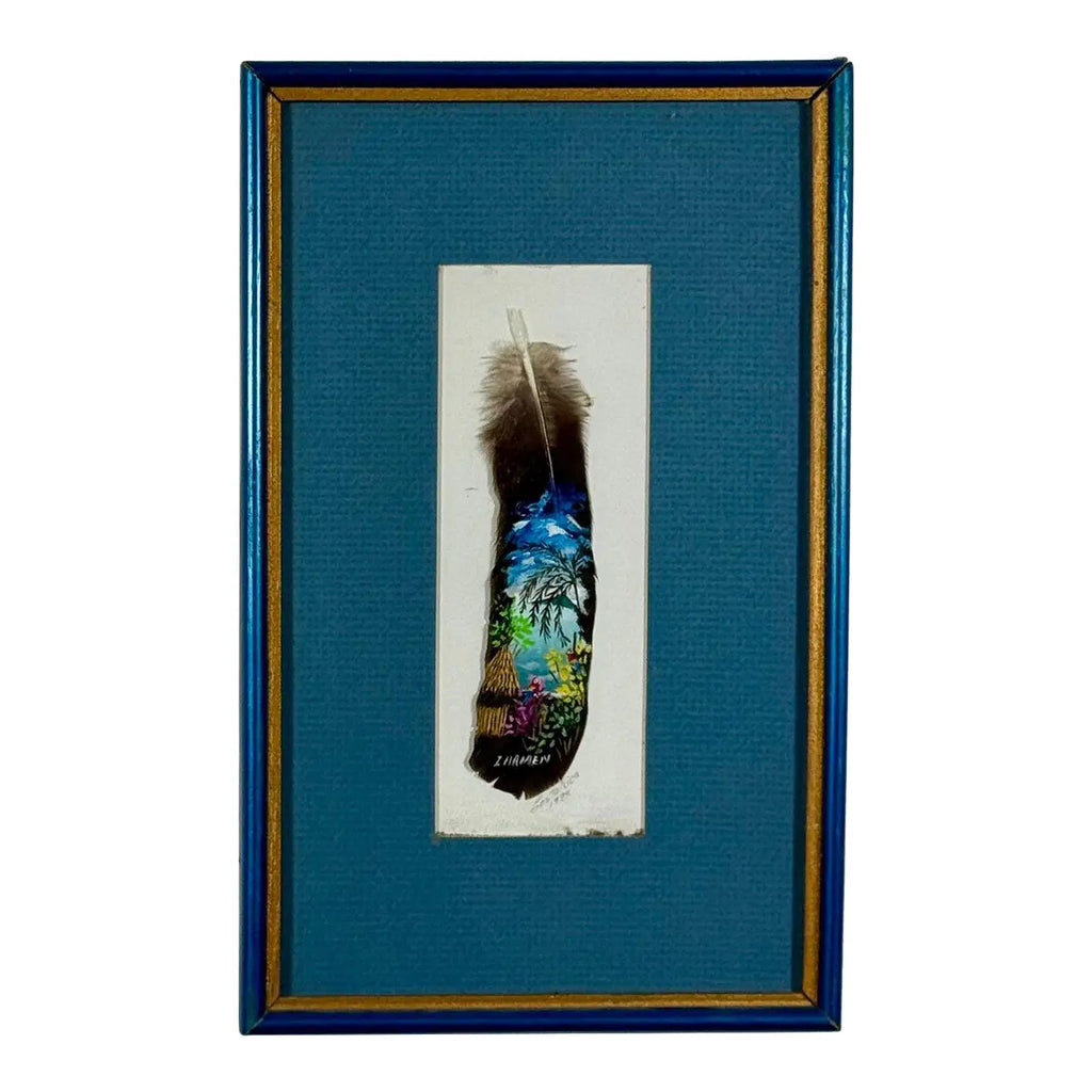 Vintage 1992 Costa Rica Hand-Painted Feather Art, Framed & Signed