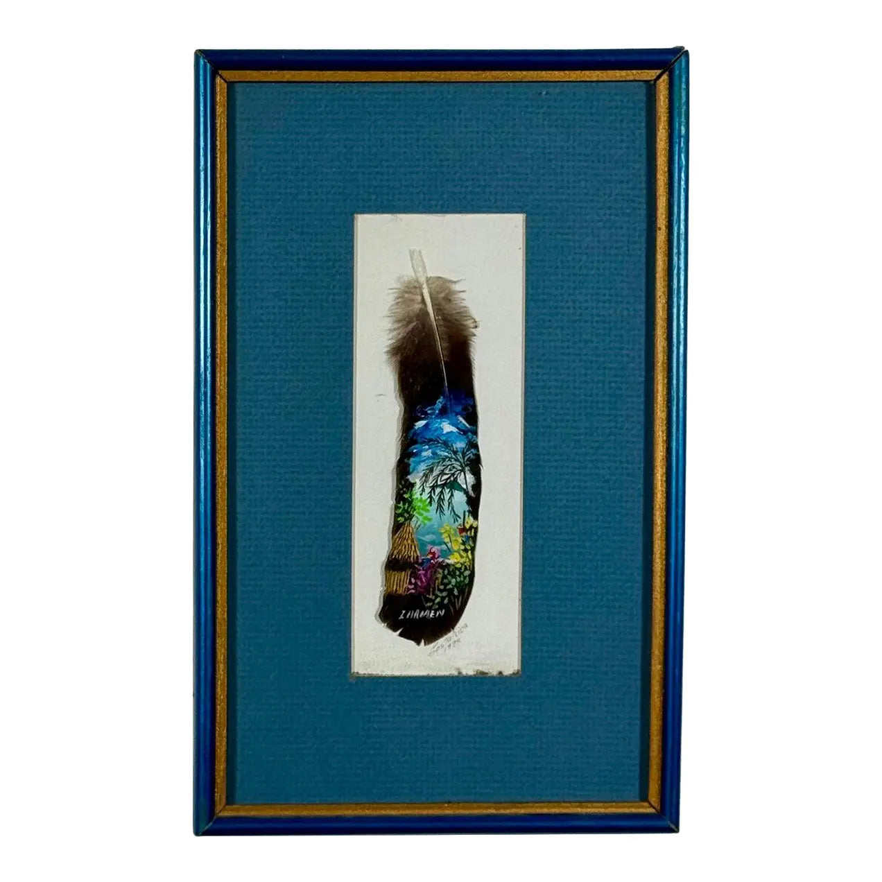 Vintage 1992 Costa Rica Hand-Painted Feather Art, Framed & Signed