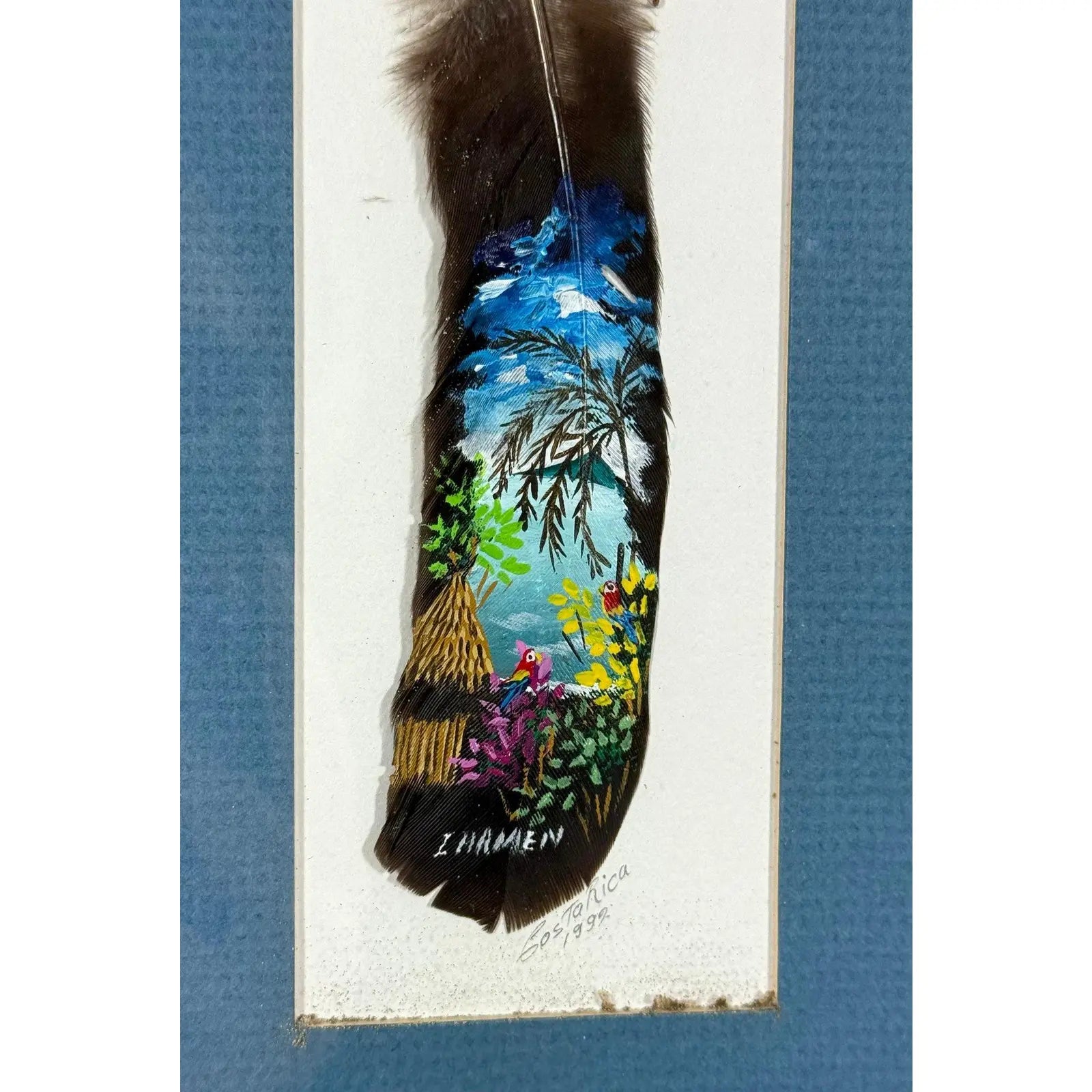 Vintage 1992 Costa Rica Hand-Painted Feather Art, Framed & Signed
