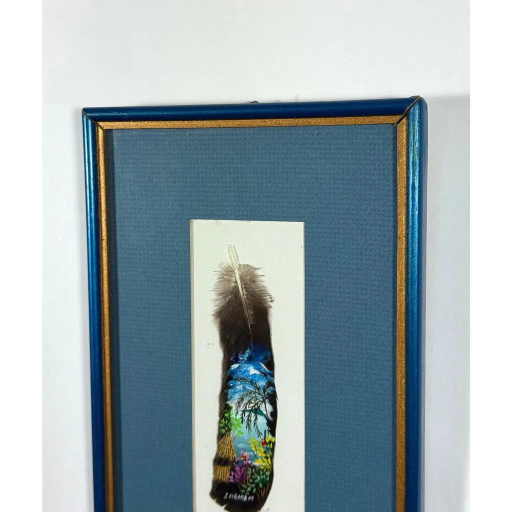 Vintage 1992 Costa Rica Hand-Painted Feather Art, Framed & Signed
