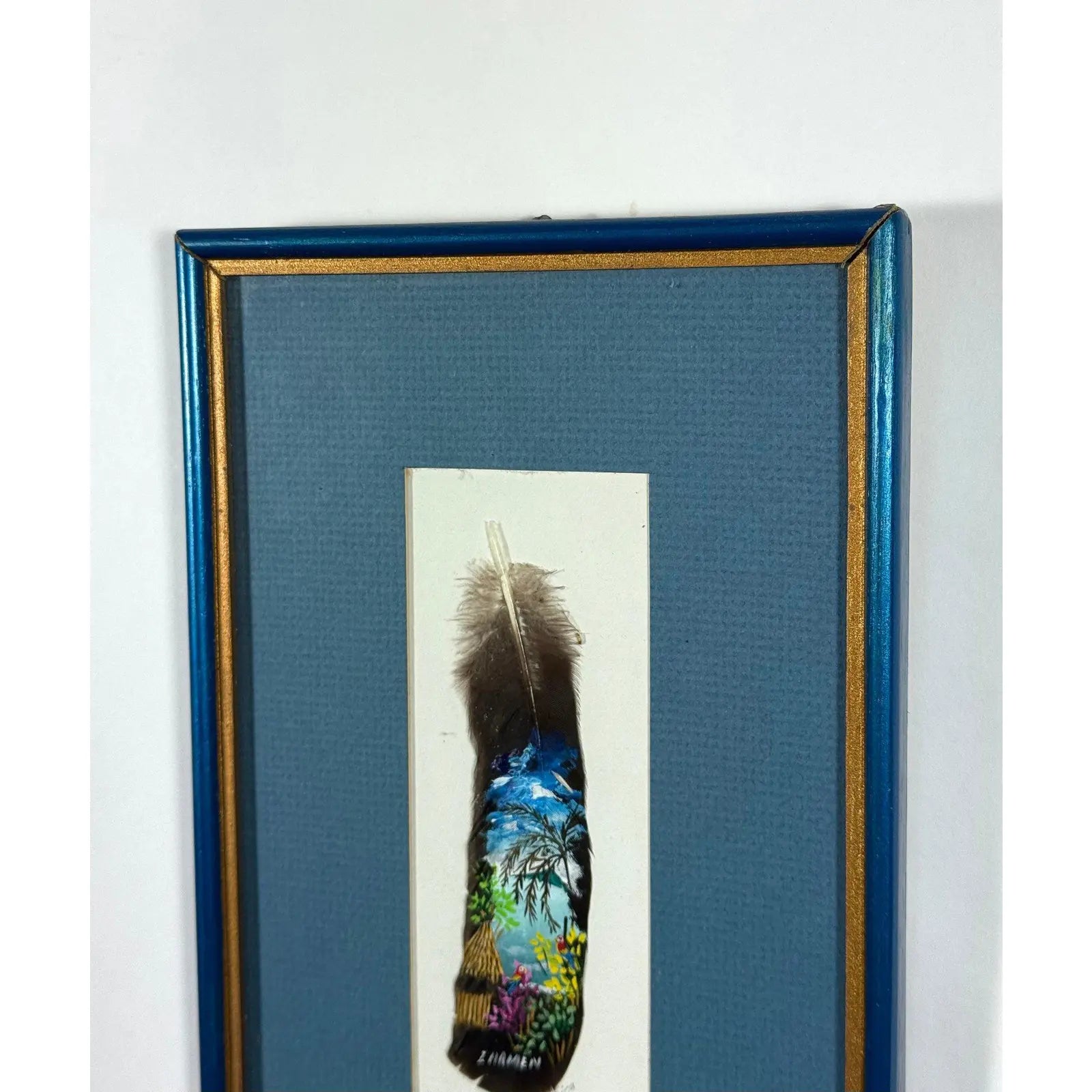 Vintage 1992 Costa Rica Hand-Painted Feather Art, Framed & Signed