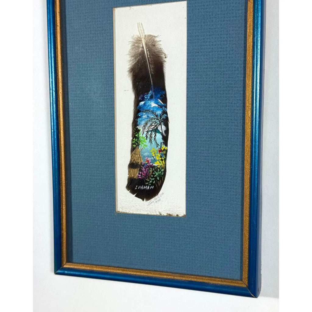 Vintage 1992 Costa Rica Hand-Painted Feather Art, Framed & Signed