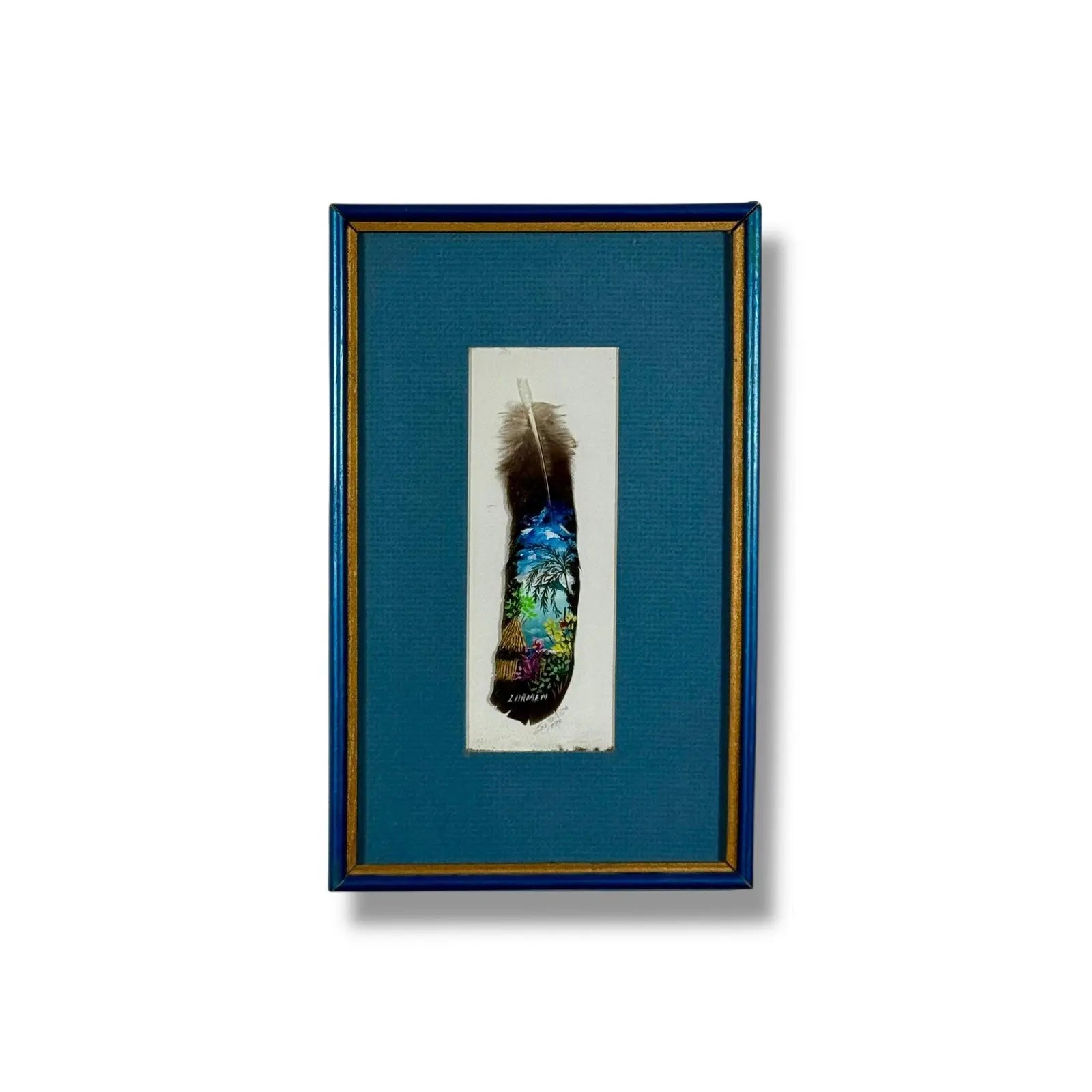 Vintage 1992 Costa Rica Hand-Painted Feather Art, Framed & Signed