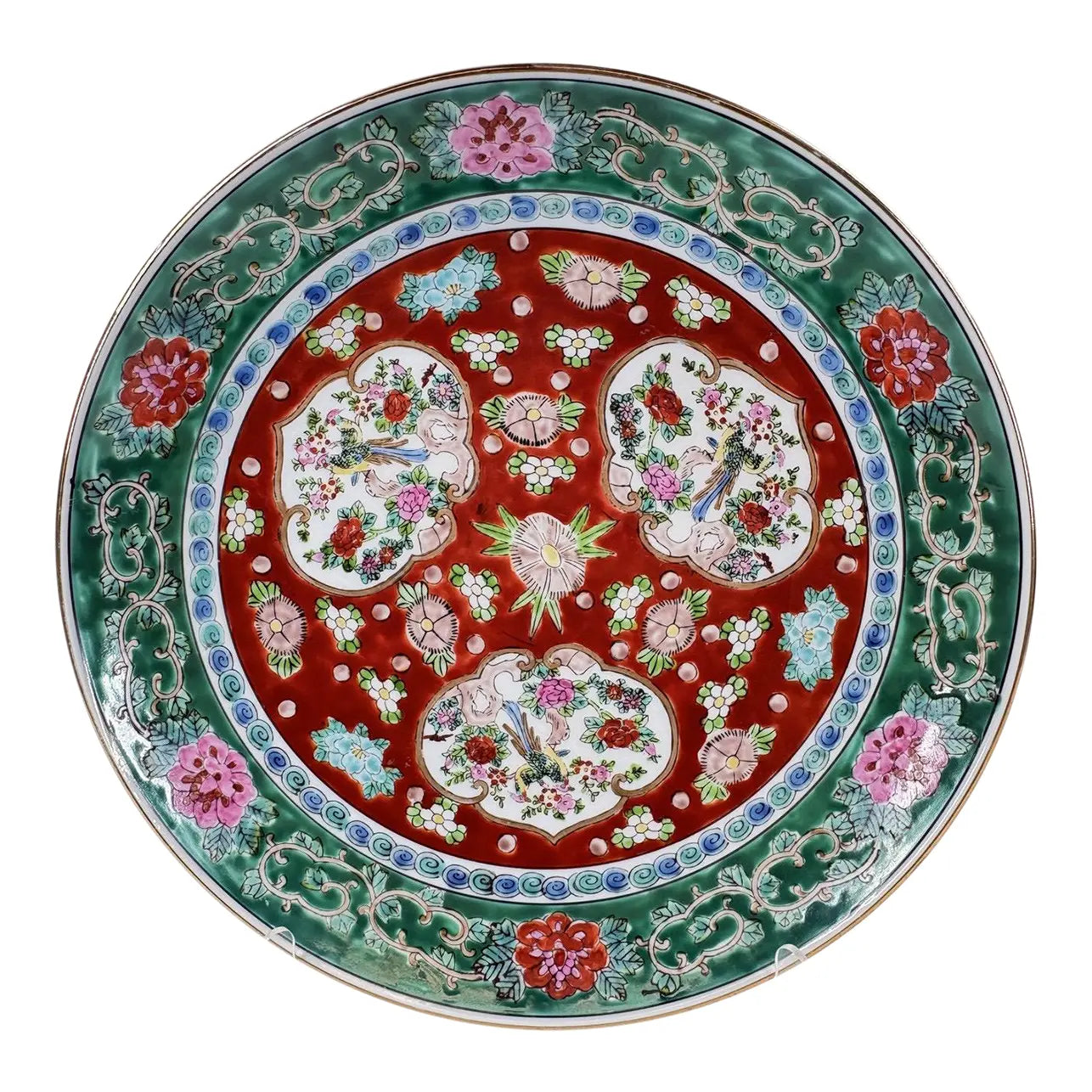 Vintage 11-Inch Japanese Imari Porcelain Charger – Hand-Painted Three-Medallion Bird & Peony