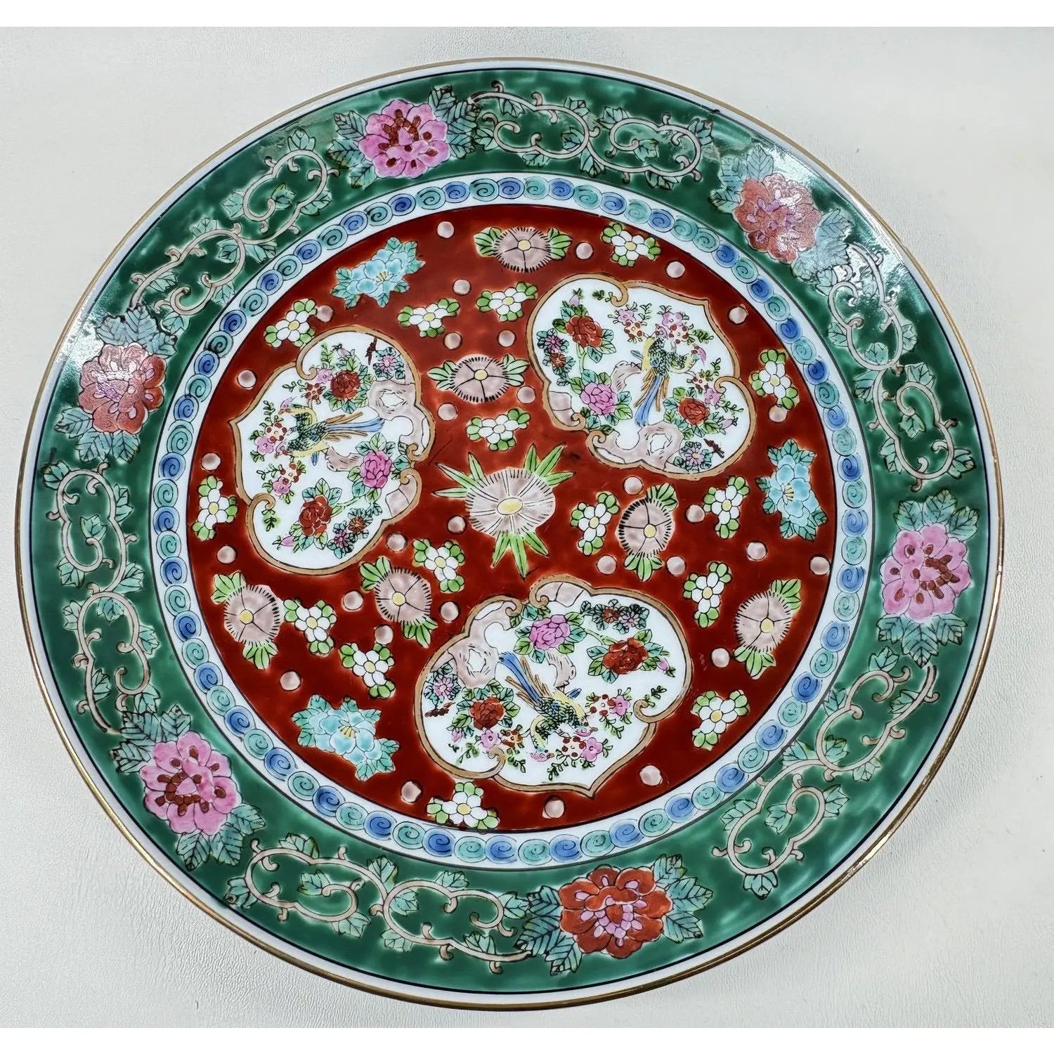 Vintage 11-Inch Japanese Imari Porcelain Charger – Hand-Painted Three-Medallion Bird & Peony